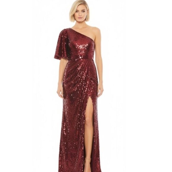 New Mac Duggal Size 16 Burgundy 93540 One-Shoulder Sequin Formal Gown Maxi Dress - Picture 2 of 12